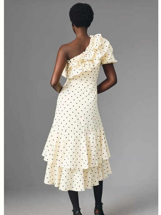 Queens of Archive Ivory One-Shoulder Ruffle Midi Dress Polka Dot NWT L - Picture 3 of 3